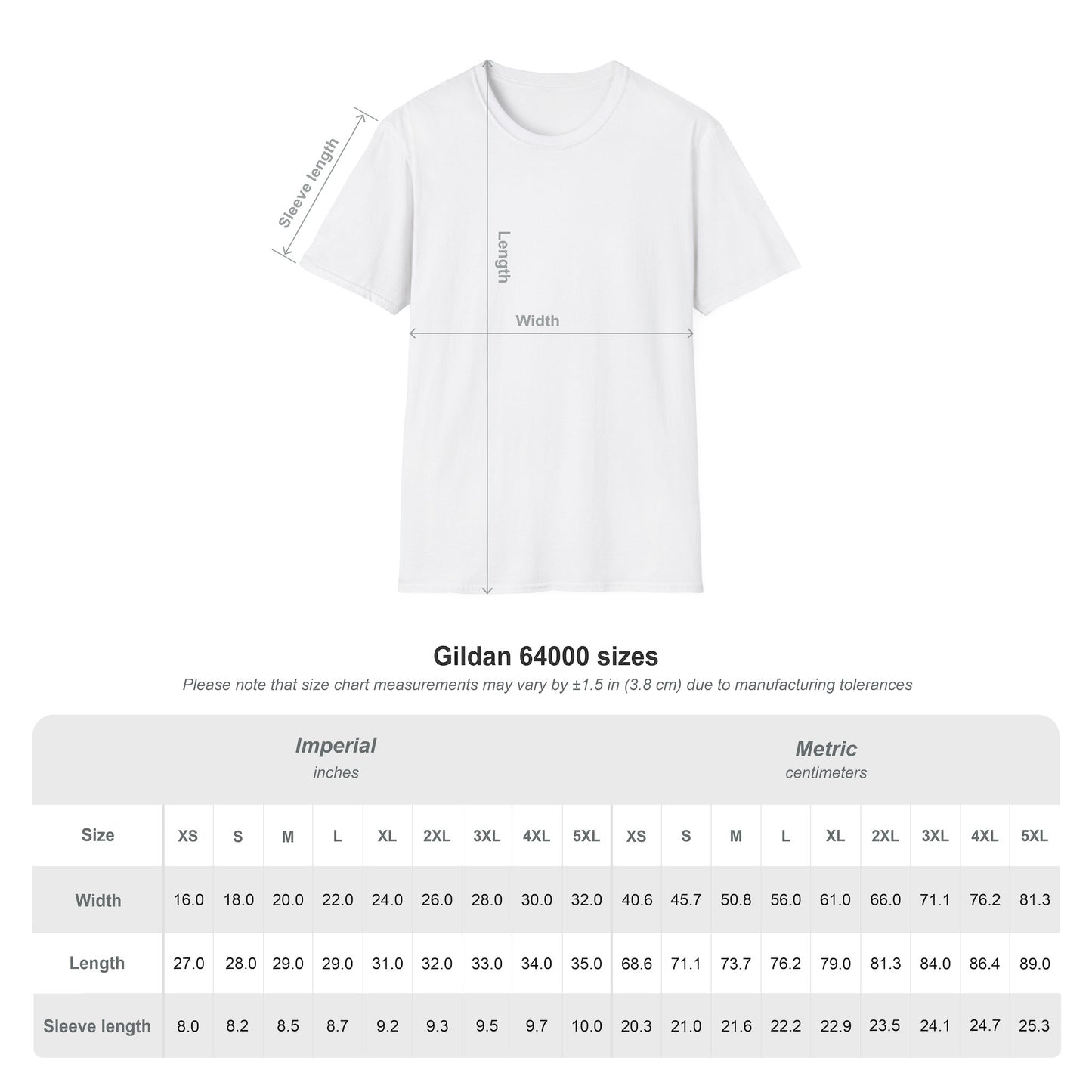 Unisex Size Chart Softstyle T-Shirt, Casual Tee